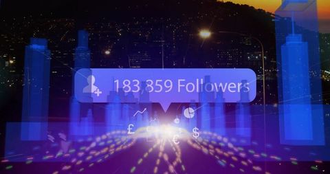 Dynamic follower notification over futuristic cityscape
