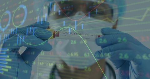Lab technician holding monkeypox specimen overlaid with stock market charts and research