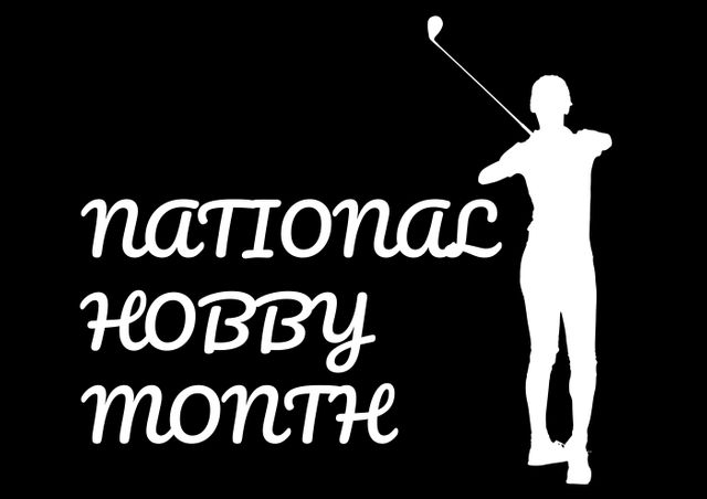 Digital composite image of national hobby month text with sportswoman outline playing golf. symbol and sports.