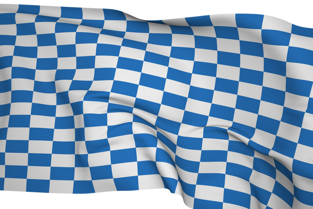 Digital illustration of a blue and white checkered flag flapping, displayed on a transparent background. Useful for creating dynamic designs for sporting events, competitions, or racing themes. Adds an athletic and competitive touch when used in graphics and advertisements related to racing or sports.