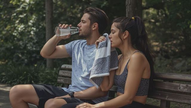 Couple resting on park bench drinking water and wiping sweat after outdoor workout