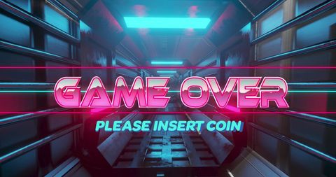 Game over sign with neon tunnel background