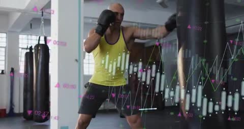 Athlete Boxing Heavy Bag with Performance Metrics Overlay