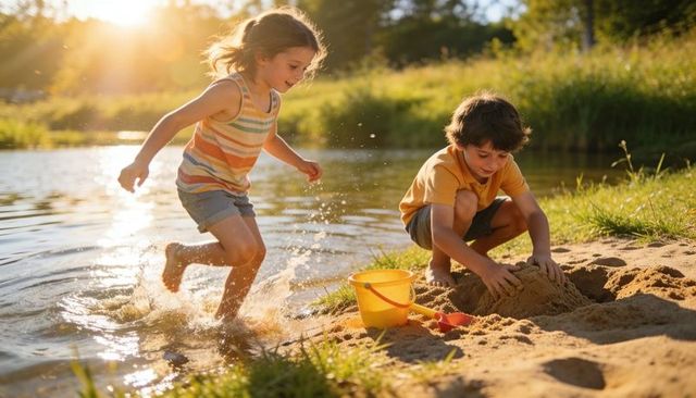 Children splashing and building sandcastle at lakeside with yellow bucket during golden hour
