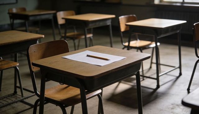 Sunlit wooden school desk with scantron and pencil, empty rows evoking quiet exam moment