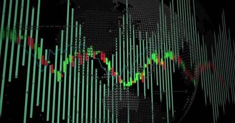 Neon Candlestick and Teal Bar Charts Over Digital Globe for Global Trading Visualization