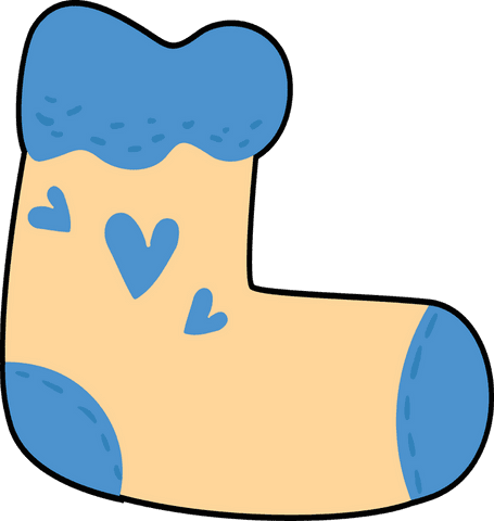 Playful cartoon sock with blue heart motifs and transparent background