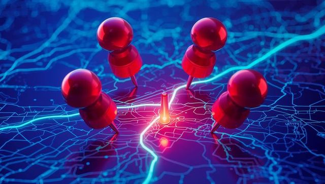 Neon network hub highlighting central beacon on digital map with glossy red push pins