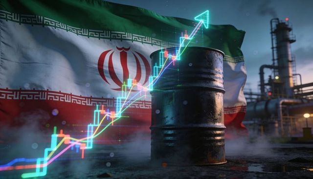 Iran oil barrel showing rising market chart and energy sector growth at refinery dusk