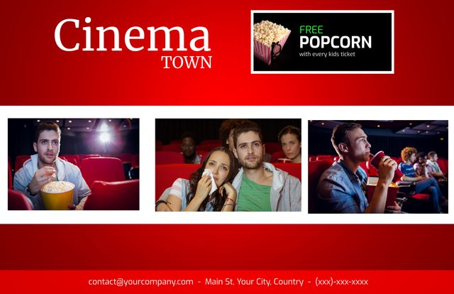 Perfect for local cinema promotions, this red-themed template highlights a special free popcorn deal with every kids ticket. Ideal for use in marketing materials for movie events, attracting families to theater, boosting ticket sales with engaging visuals.