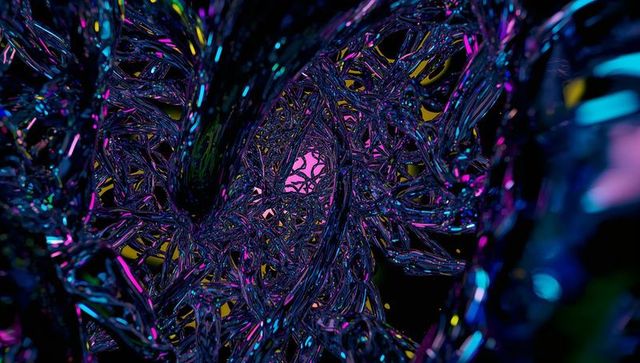 Futuristic interwoven tubular structures with neon highlights