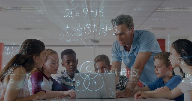 Image of mathematical equations over schoolchildren using laptop. global education, technology and connections concept digitally generated image.