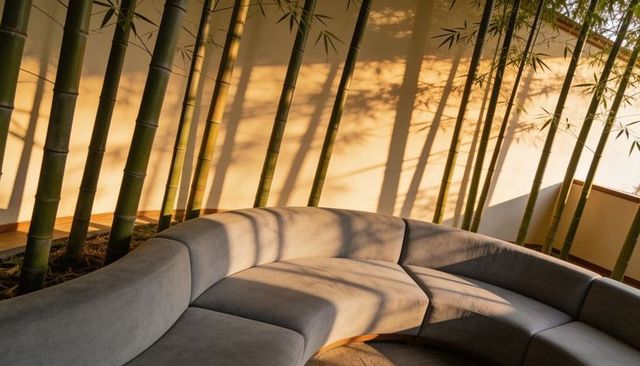 Curved gray modular sofa with bamboo shadows and indoor planter in sunlit minimalist lounge
