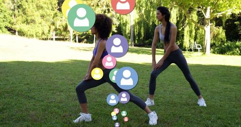 Women lunging and stretching in sunlit park with floating user icons for social fitness