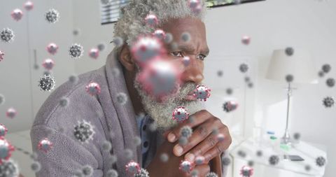 Contemplative mid adult man with 3d virus visualization