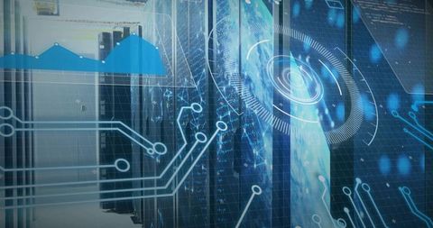 Data Center Rack Servers Displaying Futuristic HUD Overlays and Network Analytics Insights