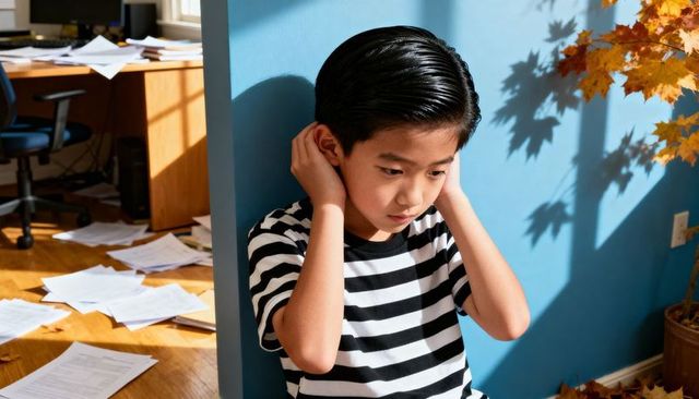 Young boy covering ears in sunlit home study with scattered papers feeling overwhelmed