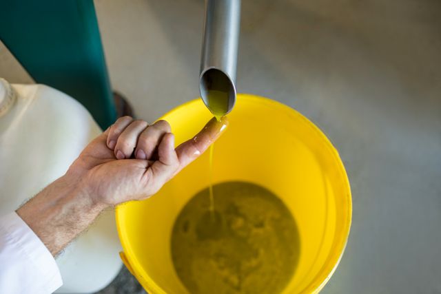 Technician examining fresh olive oil flowing from machine into yellow bucket in factory. Ideal for illustrating food production, quality control processes, industrial settings, and agricultural practices. Useful for articles, blogs, and marketing materials related to olive oil production, organic food, and manufacturing processes.