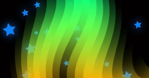 Luminous green yellow ribbons flowing over dark backdrop with blue stars and glow