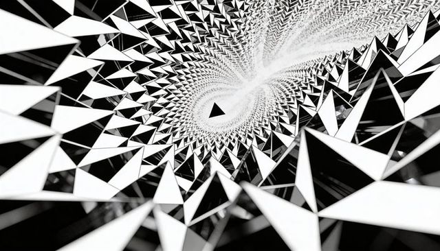 Spiraling triangular vortex of tessellated pyramids in monochrome abstract tunnel