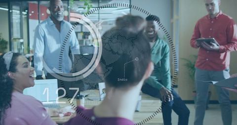 Diverse Team Collaborating Open Office with Digital Features