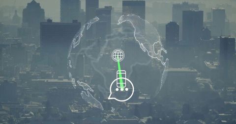 Global tech chat network overlaying hazy urban skyline with pulsing ping and mobile icon