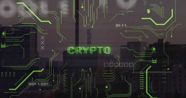 Neon Green CRYPTO on Urban Skyline with Circuit Graphics