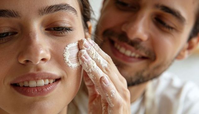 Couple baking together smiling woman receiving flour on cheek playful intimate closeup