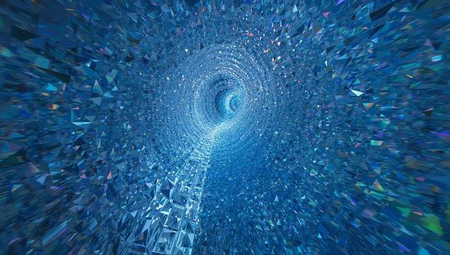 Iridescent crystalline tunnel spiraling toward bright core with reflective faceted shards