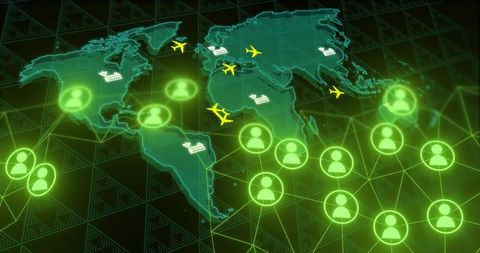 Neon holographic world map connecting global network nodes and flight routes dashboard