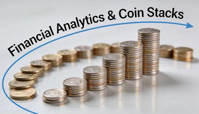 Rising coin stacks forming financial growth curve with blue arrow and reflective surface