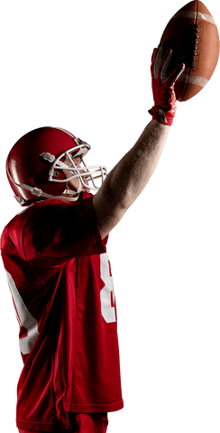 Transparent young football player posing with rugby ball and helmet