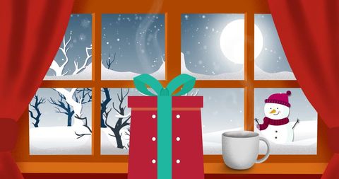 Cozy Winter Scene with Holiday Gift and Snowman by Window