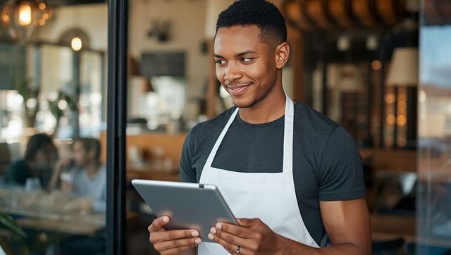 Barista Holding Tablet in Cafe Environment
