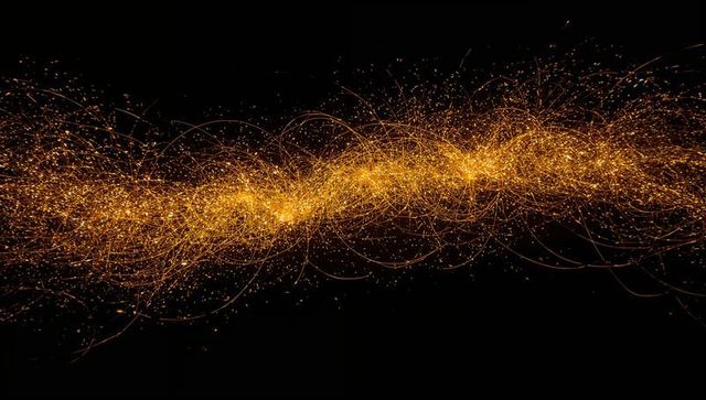 Streaming Golden Particle Ribbon Looping Across Black Void with Glowing Amber Sparks