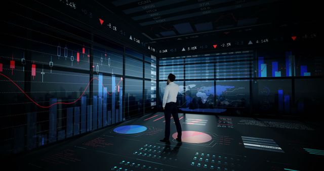 Businessman analyzing stock market data on multiple large screens at night. Ideal for use in articles, presentations, or websites concerning finance, investment, technology, and business strategies. Useful for illustrating concepts of data-driven decision making and contemporary trading environments.