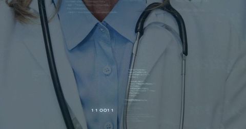 Senior clinician wearing lab coat with stethoscope and digital code overlay