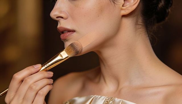 Applying foundation with gold brush on jawline, satin strapless dress, beauty closeup