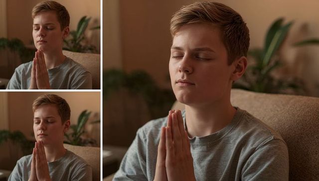 Praying adolescent male on couch practicing meditation and mindfulness at home
