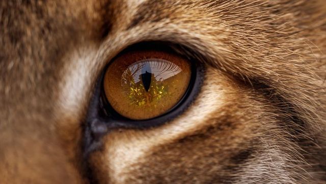 Amber cat eye reflecting person and green foliage in sharp tabby macro detail