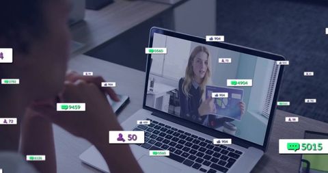 Woman watching presenter discussing chart on laptop with interactive sownts overlay