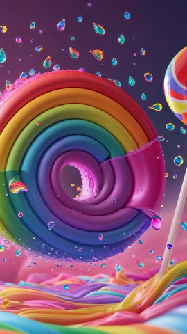 Rotating Rainbow Spiral Lollipop Droplets Falling into Vibrant Candy Pool Vertical Video