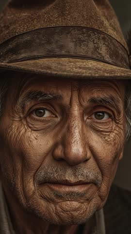 Senior man shifting gaze under hat brim, weathered face showing deep texture in moody vertical video