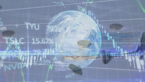 Globe and Financial Graphs with Digital Currency Overlay