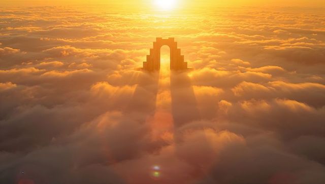 Ethereal Stone Arch Amid Glowing Sunrise Clouds