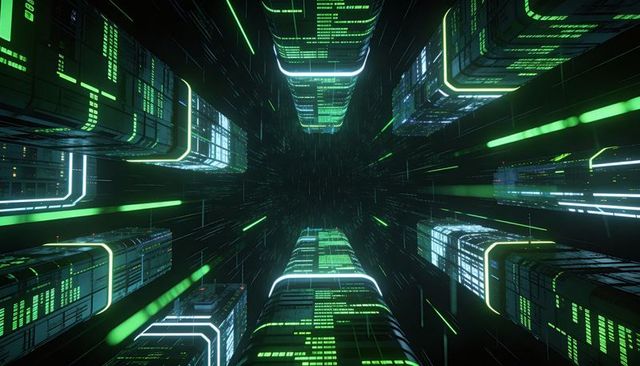 Neon data towers converging toward dark core futuristic cyberpunk vertical metropolis nightscape