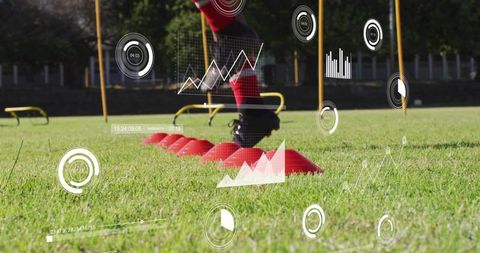 Agility training with digital hud tracking cone drill on grass field