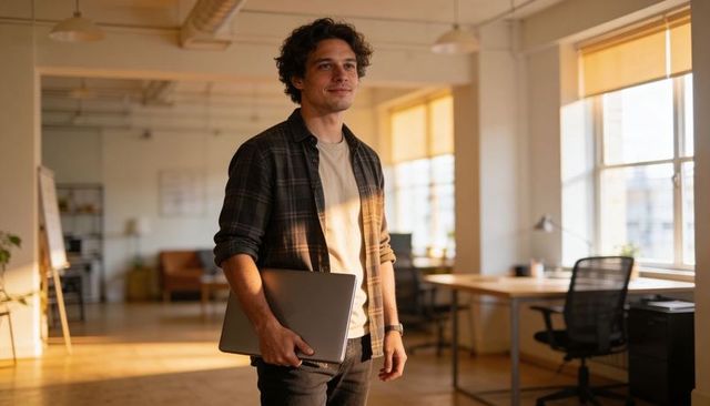 Young man holding laptop in sunlit open-plan coworking office, looking confident