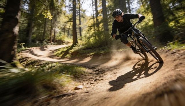 Cyclist carving high-speed berm on pine singletrack, kicking dust while leaning into turn