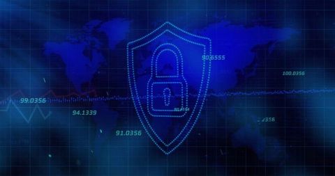 Digital Cybersecurity Shield with Lock Icon on Blue World Map Interface